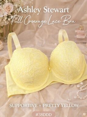 Ashley Stewart 38DDD Full Coverage Lace Bra Yellow Underwire Support Plus Size